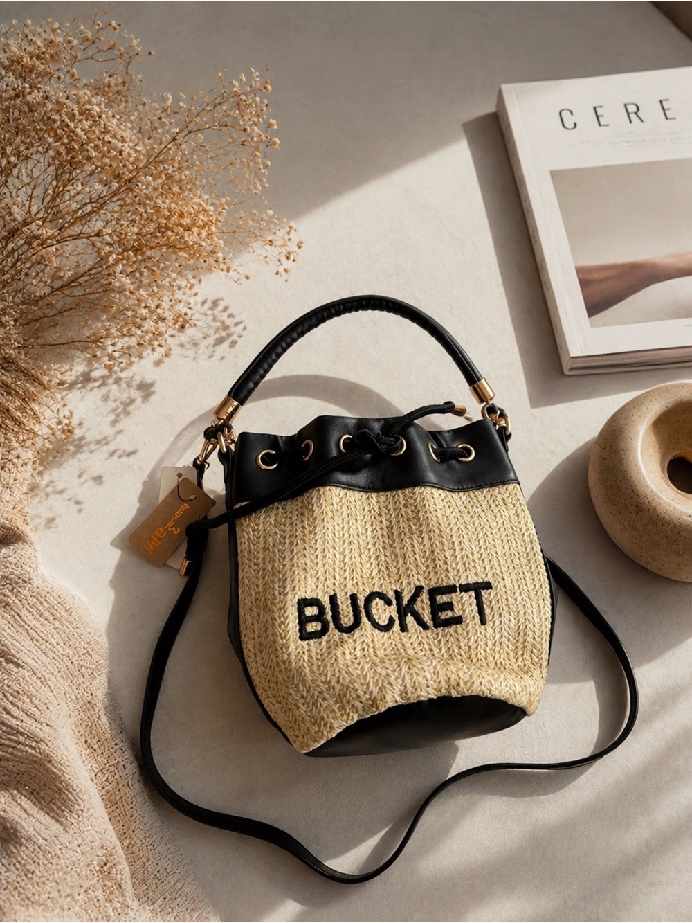 BUCKET Straw-Style Drawstring Shoulder Bag with Black Trim